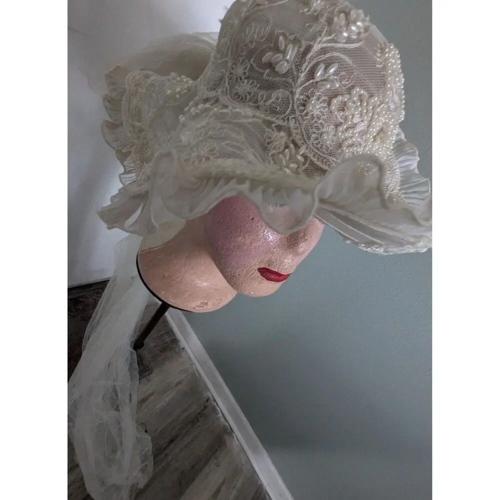 Vtg White Wedding Derby Hat Lace Beaded Veil Flower Applique Coquette Royalcore